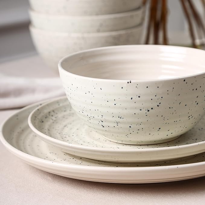 Stone Lain Dua 24-Piece Dinnerware - Stoneware, Plate and Bowls, Dishwasher and Microwave Safe, Dish Set for 8, White