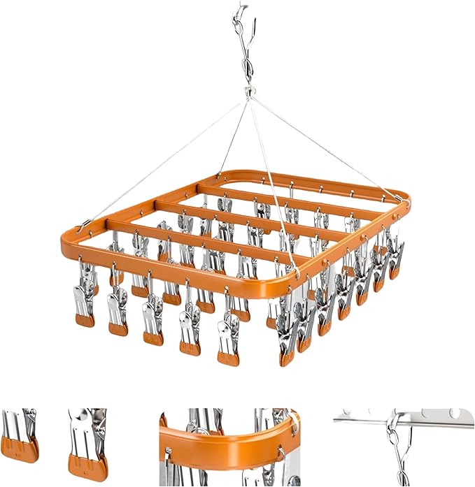 Clothes Drying Racks Clip Hangers Metal with 36 Clips Windproof Hook Underwear Hanger Foldable Laundry Clip for Socks Bras (Gold)