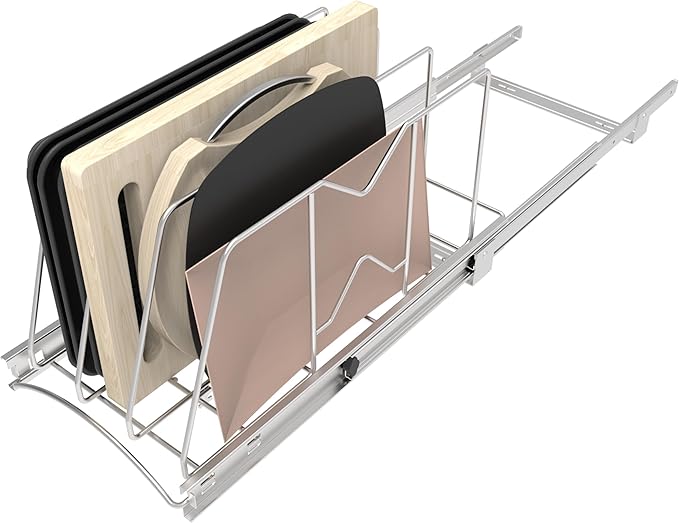 Pull Out Cookie Sheet Organizer for Cabinet, Pan and Pot, Cutting Board, Bakeware, Tray Organizer Rack, Sliding Rack- Heavy Duty, Adjustable Divider Width, 10" W x 22" D x 11" H, Chrome