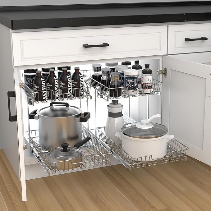2 Tier Individual Pull Out Cabinet Organizer 11"W x 21" D, Pull Out Shelves Slide Out Kitchen Storage Sliding Shelvesfor Organization in Kitchen, Chrome
