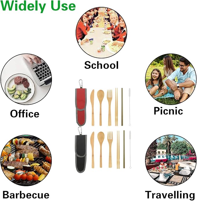 UPTRUST 2 Set Bamboo Cutlery Set Bamboo Travel Utensil Reusable Organic Bamboo Utensil Fork Knife Spoon Chopsticks Straw Cleaning Brush for Travel Picnic School Office（Black & Red）