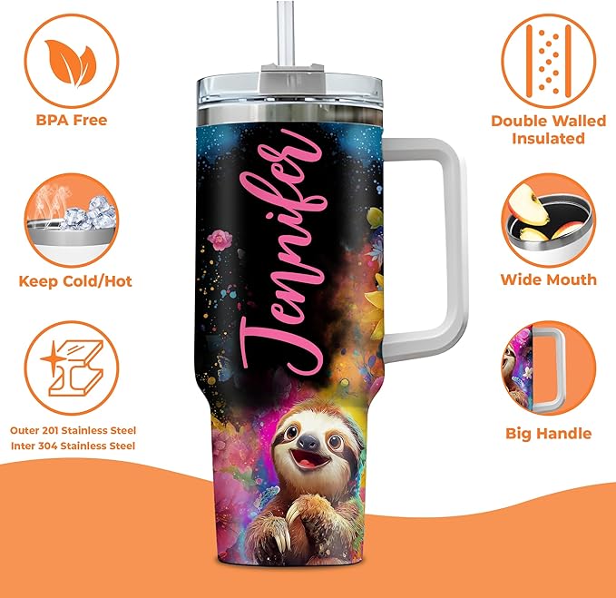 Personalized Sloth 40oz Tumbler with Handle and Straw Gifts for Sloth Lovers, Cute Animal Lover Gifts For Women Girl, Unique Birthday Christmas Gift, Custom Name Stainless Steel Travel Cup