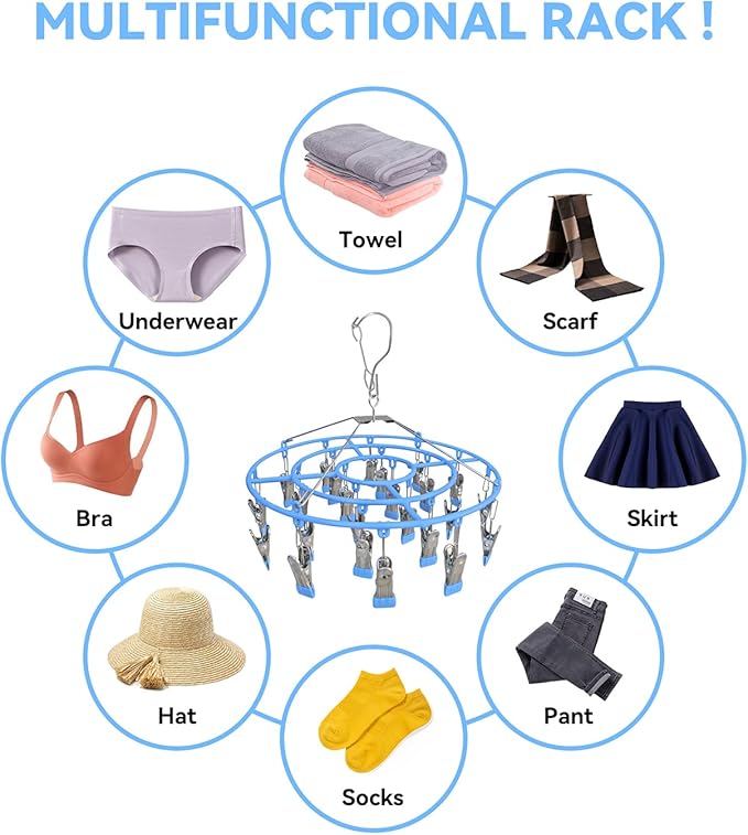 Clothes Drying Rack,Stainless Steel Laundry Drip Hanger with 24 Clips, Heavy Duty Round Swivel Windproof Hook Underwear Hanger for Drying Towel, Bras, Sock,Lingerie, Baby Clothes (Blue)