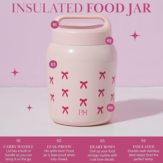 Paris Hilton Stainless Steel Food Jar, Double Wall Vacuum Sealed Insulated Food Storage Container with Carry Handle Lid, 24-Ounce, Pink with Bow Design