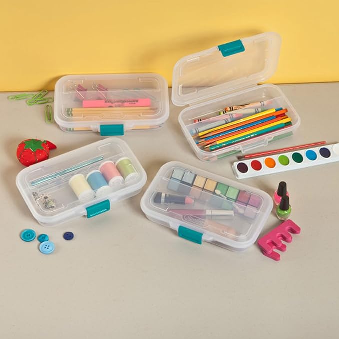 Sterilite Small Divided Pencil Box, Stackable Plastic Small Storage Container with Latching Lid, Organize Pens and Small Items, Clear Case, 12 Pack