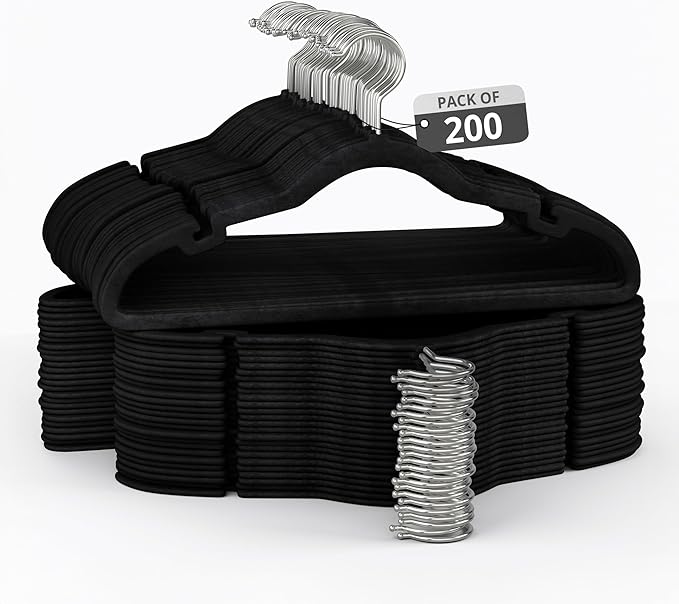200 Pack Velvet Hanger for Shirt Pants Dresses Skirts Suits Jackets - Slim Space Saving Design - Standard Coat Hanger - Sturdy & Durable Design with Shoulder Grooves Hook