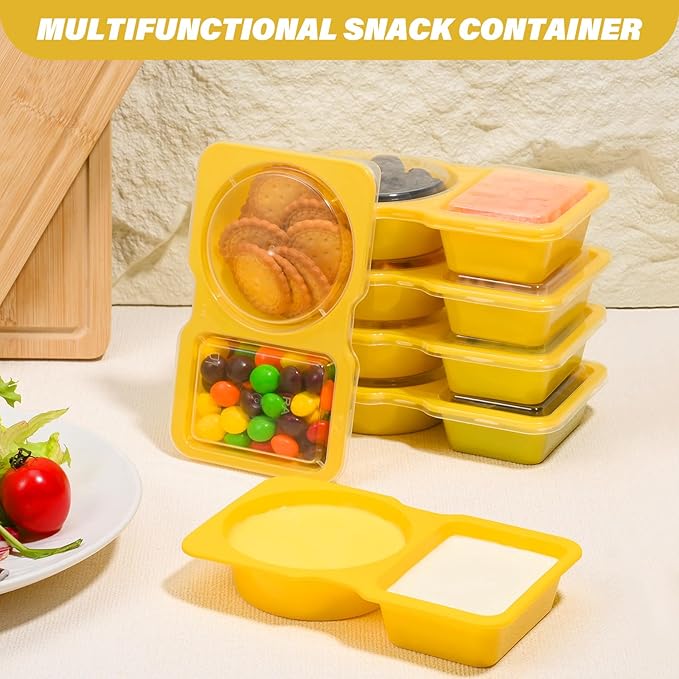 Double Compartment Snack Containers with Lids, 2 Compartment Condiment Container, Plastic Disposable Snack Pack Containers for Sauce, Salad, Food Storage Box(20PCS-Yellow)