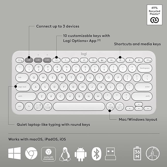 Logitech Pebble 2 Combo, Wireless Keyboard and Mouse, Quiet and Portable, Customizable, Logi Bolt, Bluetooth, Easy-Switch for Windows, macOS, iPadOS, Chrome - Tonal White
