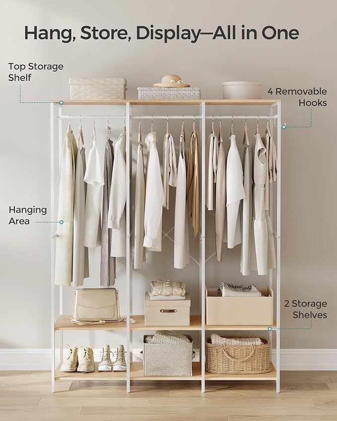 SONGMICS Clothes Rack, Iron and Wood Wardrobe Closet Organizer, Heavy Duty Garment Rack with Hanging Rods, Closet Shelves, Removable Hooks, 15.7 x 55.5 x 70.9 Inches, Natural Beige URGR005W67