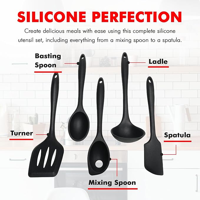 Chef Craft Premium Silicone Kitchen Tool and Utensil Set, 5 Piece, Black