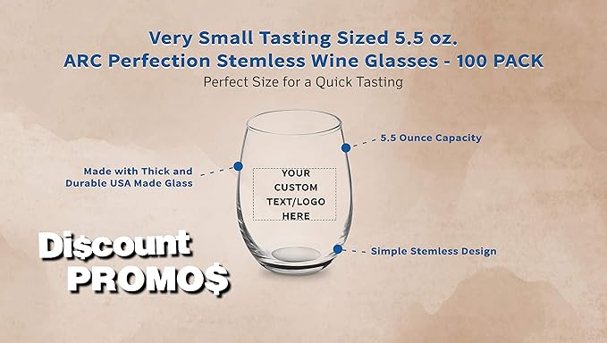 Custom Stemless Wine Glasses by ARC 5.5 oz. Set of 100, Personalized Bulk Pack - Perfect for Hotel, Bar, Restaurant or Lounge - Black
