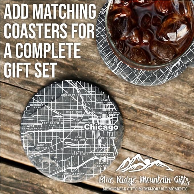 Blue Ridge Mountain Gifts - Chicago Souvenir - Illinois Glassware Gift, Etched City Map, Laser Engraved and Dishwasher Safe
