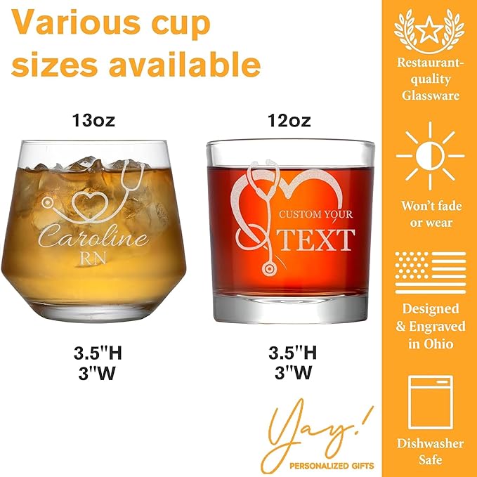 Custom Engraved Whiskey Glass - Personalized Nurse Gifts, Graduation Gift for Nurses Week Retirement Graduation Appreciation Present for School Nursing Student RN Practitioner