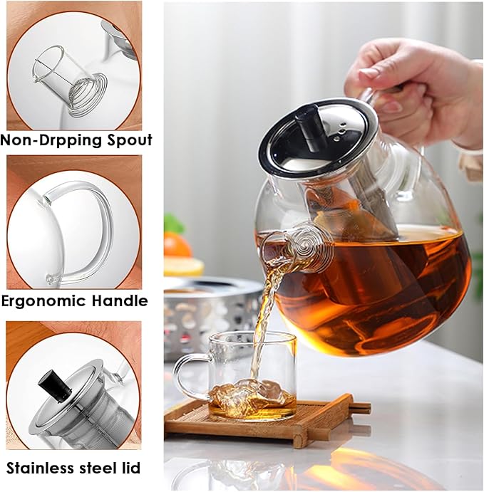 TMOST Glass Teapot with Removable Infuser, Stovetop Safe Tea Kettle blooming Loose Leaf Tea pot (33oz/1000ml)