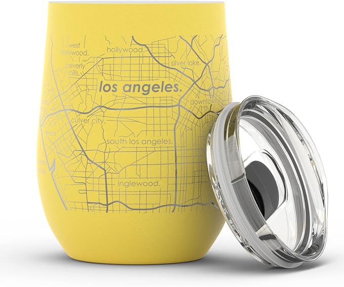 Well Told Engraved Los Angeles California Map Insulated Wine Tumbler, Etched Stainless Steel Cup (12 oz, Sunrise Yellow) City Map Insulated Tumbler, Custom Insulated Tumbler, Outdoor Drinkware
