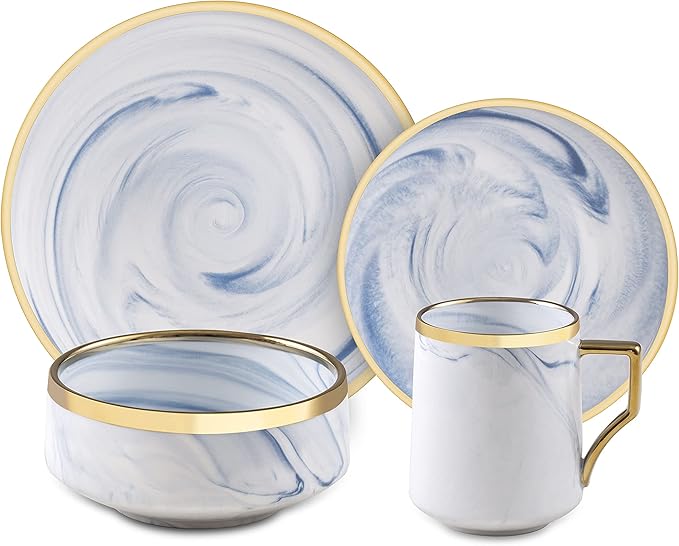 Fine China Artisan Marbled 16pc Dinner Set, Blue with Gold