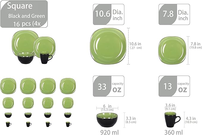 Stoneware Square 16pc Dinnerware Set, Inside Siny Green and Outside Matte Black