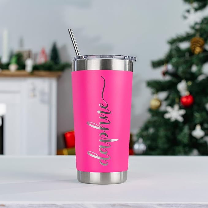 Personalized Tumblers, Stainless Steel 20 oz Tumbler w/Lid |13 Different Designs| Personalized Cups Double Walled Insulated Coffee Cup for Travel - Hot Pink
