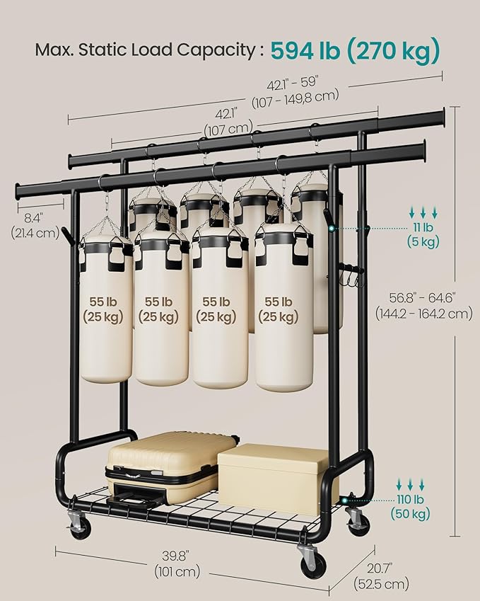 SONGMICS Clothes Rack, Heavy-Duty Rolling Clothing Garment Rack with Wheels, Extendable Double Hanging Rods and Adjustable Height, Portable, with Shelf and Hooks, Ink Black UHSR015B01