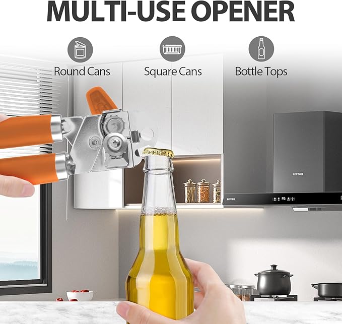 Can Opener Manual, Heavy Duty Handheld Strong Can Opener with Soft Touch Handle, Sharp Blade Smooth Edge, Can Openers with Multifunctional Bottle Opener, Orange