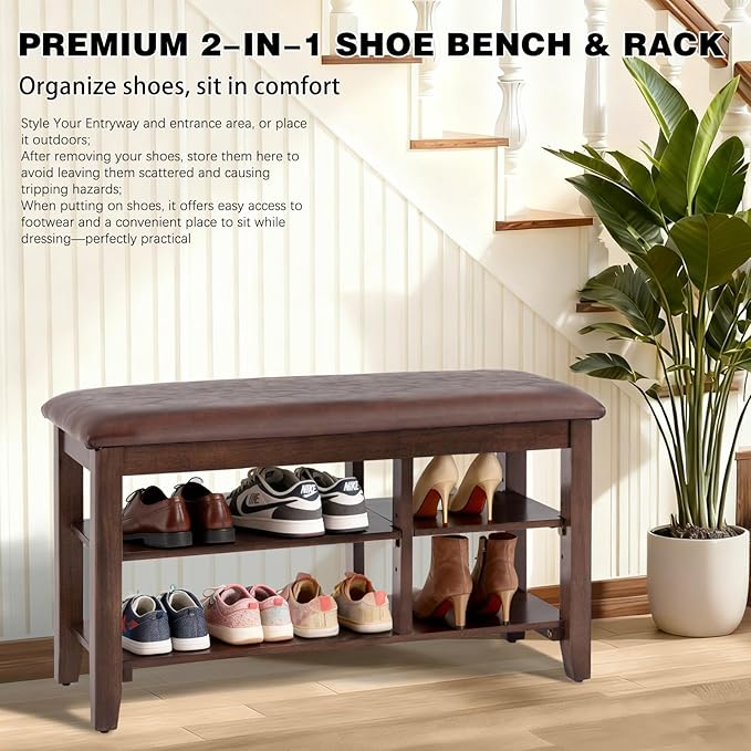 PY HOME & SPORTS Shoe Rack for Entryway 31.5": 2-Tier Shoe Storage Bench, Adjustable/Removable Shelves, Rubberwood Shoe Benches for Hallway, Porch, Bathroom, Brown