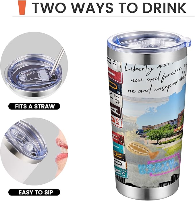 20oz Insulated Tumbler North Dakota State Coffee Mug, United States Map Travel Mug Landmark, Birthday Gifts Cute Custom Tumbler Cups with Lid and Straw Gifts for Mom