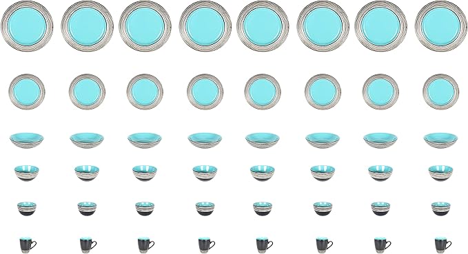 48 Piece Dinnerware Set, Ceramic Plates and Bowls Sets for 8, Microwave and Dishwasher Safe, Handcrafted Tree Bark Series Dish Set, Turquoise