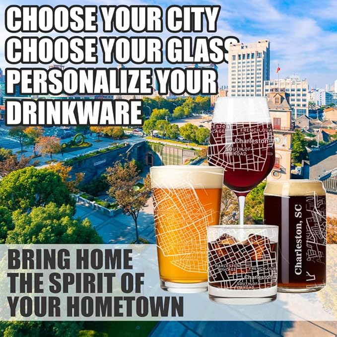 Blue Ridge Mountain Gifts - Charleston Souvenir - South Carolina Glassware Gift, Etched City Map, Laser Engraved and Dishwasher Safe