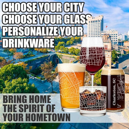 Blue Ridge Mountain Gifts - Charleston Souvenir - South Carolina Glassware Gift, Etched City Map, Laser Engraved and Dishwasher Safe