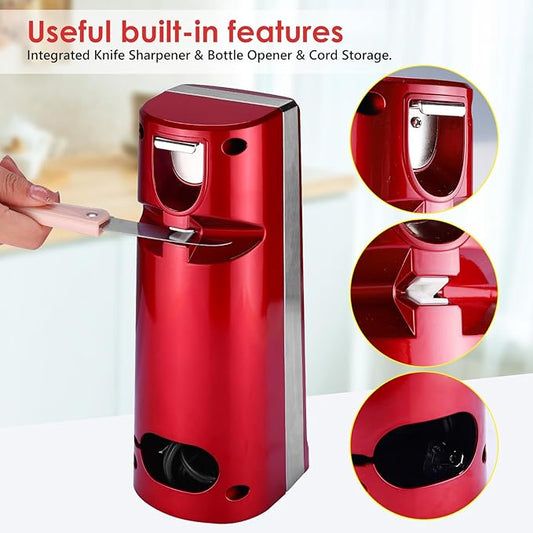 Davivy Electric Can Opener, One Touch Lid Opening, Removable Stainless Steel Cutter and 3-in-1 Design, with Sharpener and Bottle Opener, Red (Red)