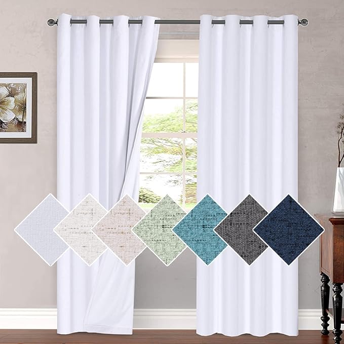 H.VERSAILTEX 100% Blackout Curtains for Bedroom 96 Inches Long Grommet Linen Face Full Light Blocking Curtain Drapes for Living Room Thermal Insulated Linen Look Curtains 2 Panels Set, Bright White