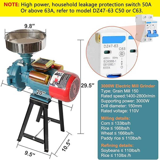 NAIZEA Electric Grain Mill 3000W - Wet Dry Cereals Grinder, Corn Mill, Heavy Duty Commercial Grain Grinder Machine, Wheat Feed Flour Mill With Funnel