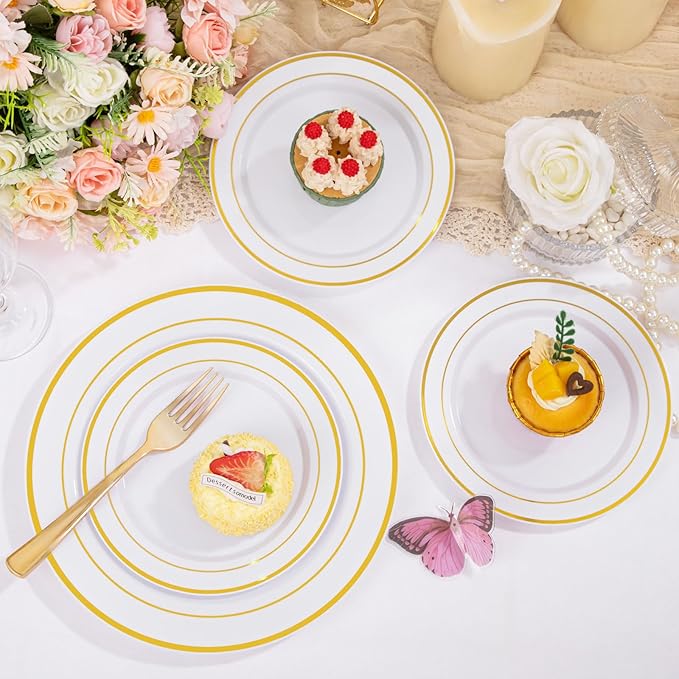 Supernal 102pcs White and Gold Plastic Plates Disaposable Party Plates White Gold Rim Heavy duty, Fancy Gold Plastic Dinnerware Set included 51 Dinner & Dessert Plates for Party,Birthday and Wedding