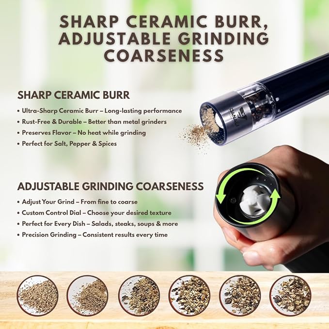 Electric Automatic Salt and Pepper, Rechargeable Grinder Mill, LED Light, One-Hand Operation, Adjustable Coarseness, USB-C Charging, ABS & Stainless Steel, Stand Included.
