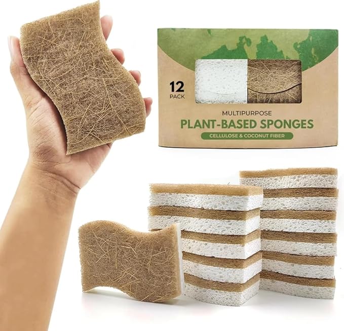 Natural Kitchen Sponge - Eco-Friendly Dish Sponges for Kitchen, Pack of 12 – Biodegradable Cellulose & Coconut Fiber Scrubbers – Sustainable Household Cleaning Sponges