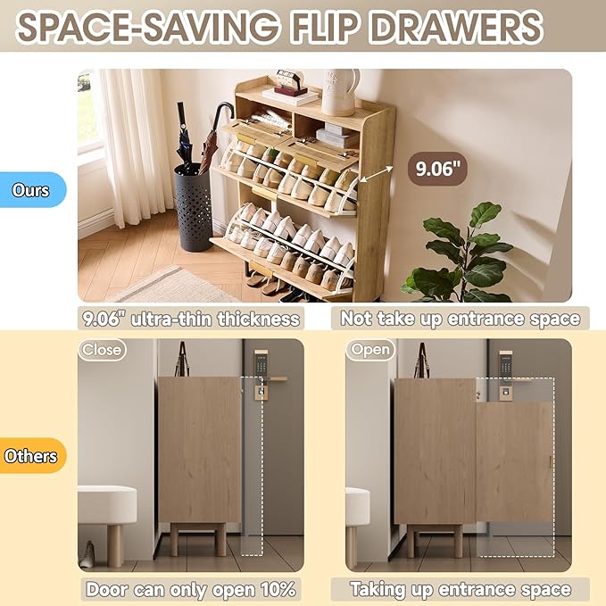 Fluted Shoe Cabinet Storage for Entryway – Narrow Shoe Rack with 2 Flip Drawers & 2 Storage Drawers, Freestanding Hidden Shoe Organizer for Foyer, Hallway (Natural)
