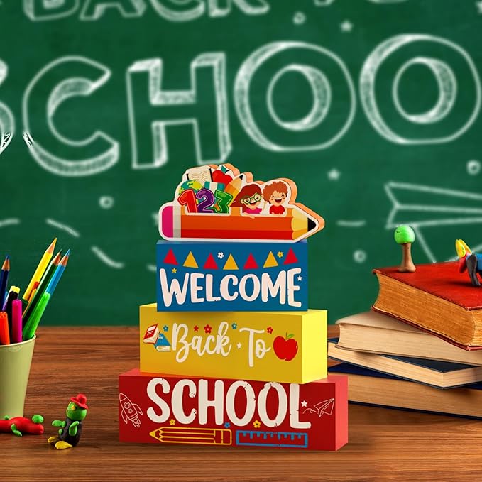 Welcome Back to School Table Decorations, 1st Day of School Wooden Block Sign Pencil Centerpieces for Party, The First Day Banner, Classroom Decor for Kids Teacher Desk Gifts, Tiered Tray and TableTop
