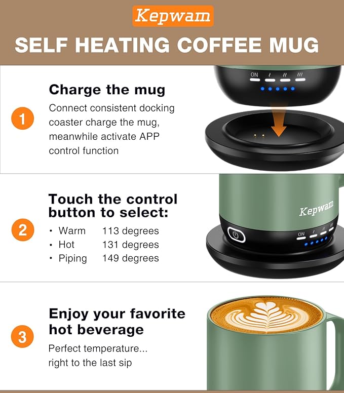 Heated Coffee Mug T1-14oz Fast Heating & Longer Battery Life Self Heating Coffee Mug Hot to 149℉ - Touch & App Controlled Mug Coffee and Hot Beverage Warmer, Gifts for Women and Men