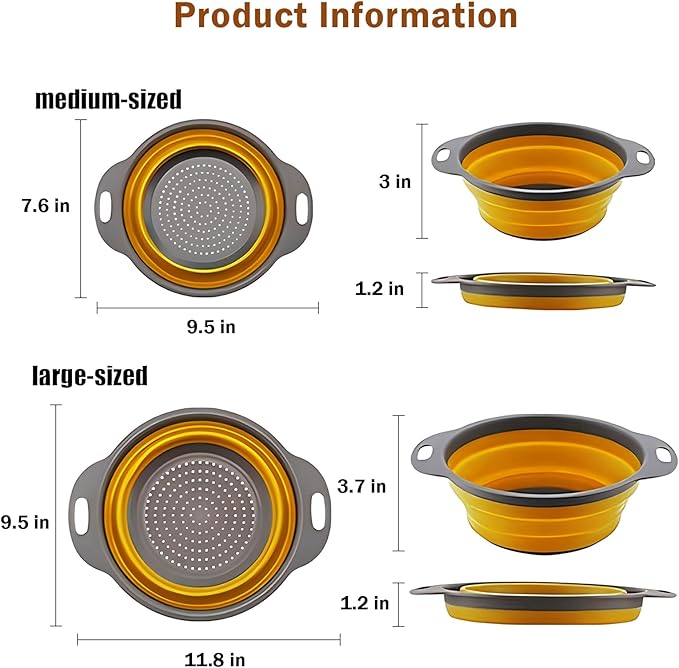 Collapsible Colander Set of 2 Silicone Kitchen Strainer Set, Perfect for Draining Pasta, Vegetable and fruit for Kitchen and Travel Use (Orange)