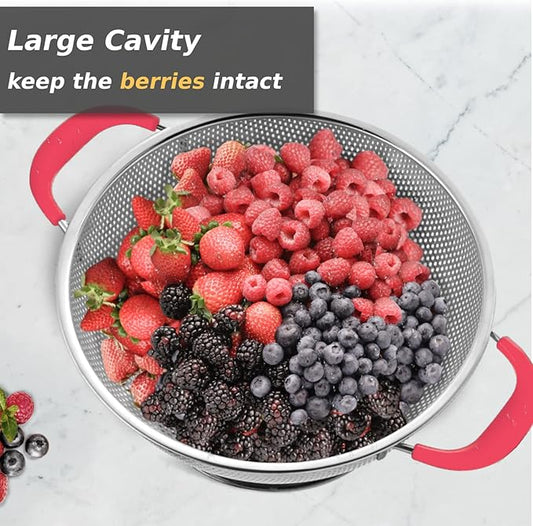 5-Quart Colander 18/8 Stainless Steel Colander Silicone Handle Large Heavy Duty Professional Kitchen Strainer Great For Pasta, Berry, Veggies, Noodles, Fruits - Pink