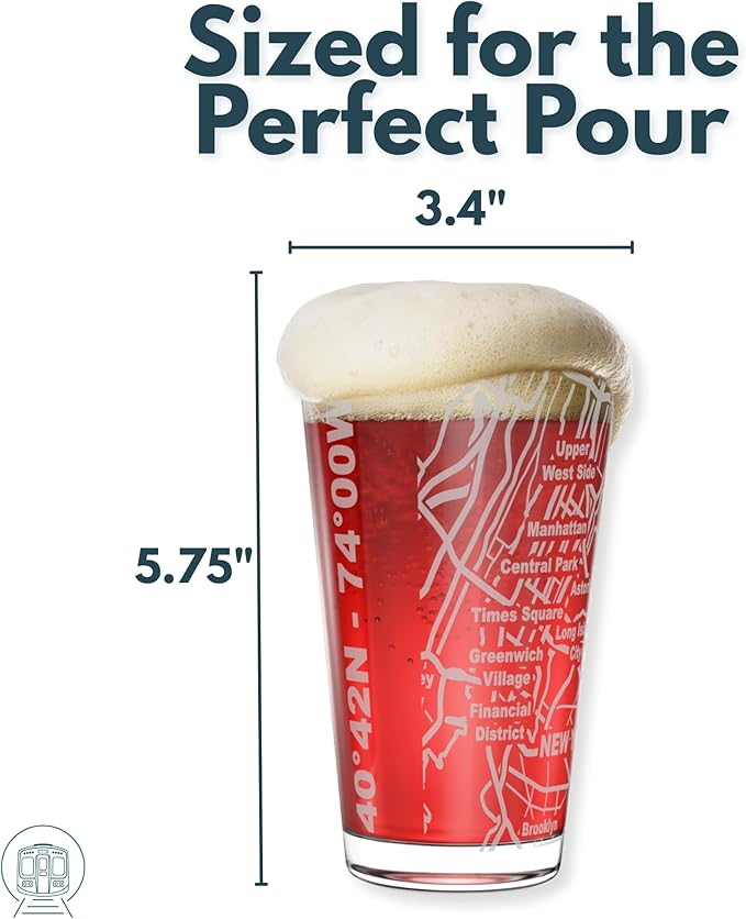 Greenline Goods – New York, NY Map Pint Beer Glasses (Set of 2), 16 oz – Etched Wrap Design