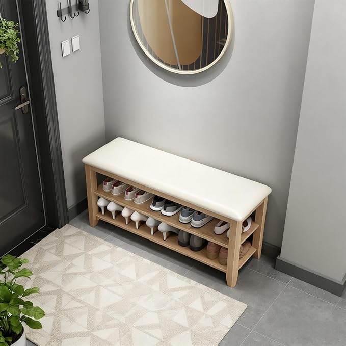 Shoe Bench Storage with Leather Cushion, Rustic Solid Wood Entryway Bench with 2 Height-Adjustable and Removable Shelves for Hallway, Living Room, Mudrooms (Natural Wood,39.4")