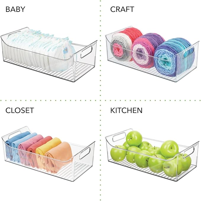 mDesign Slim Plastic Kitchen Pantry Cabinet, Fridge or Freezer Storage Bin with Handles - Organizer Containers for Fruit, Yogurt, Snacks, Pasta - 16" Long - Ligne Collection - 8 Pack - Clear