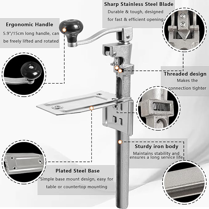 Commercial Heavy Duty Can Opener- Adjustable Manual Opener with 2 Blades & Plated Steel Base, Fits Cans Up to 10" Tall for Restaurant, Hotel, Food Store