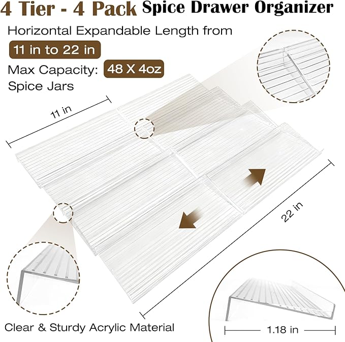Spice Drawer Organizer, 4 Tier- 4 Pack Clear Acrylic Drawer Seasoning Organizers, Kitchen Spice Rack Tray Expandable From 11" to 22", Spice Rack Insert for Cabinet Countertop(Jars Not Included)