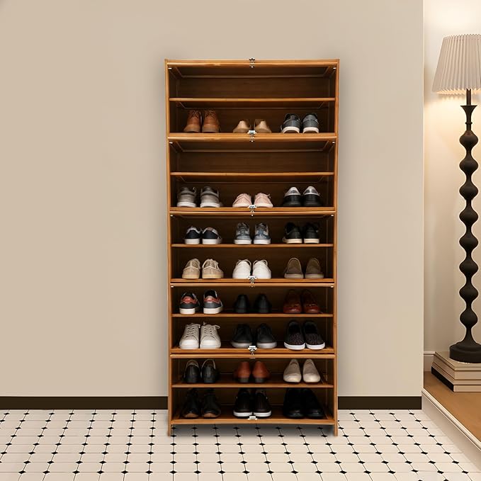 11Tier Bamboo Shoe Cabinet Shoe Storage Cabinet with Doors Freestanding Bamboo Shoe Rack Organizer with Shelves Tall Shoe Cabinet with Clear Doors for Entryway, Hallway, Closet, Living Room