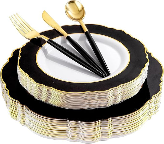 WDF 30Guest Black and Gold Plastic Plates - New Year Plates - Gold Plastic Silverware With Black Handle Baroque Black and Gold Disposable Dinnerware for New Year &Parties