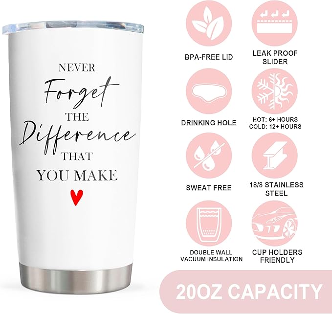Christmas Thank You Gifts for Women/Men, Teacher/Employee Appreciation Gifts, Retirement Gift for Woman, Farewell Gift for Coworkers, Never Forget The Difference You Make Tumbler 20oz