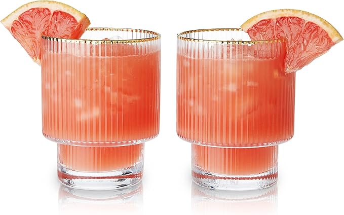 Viski Meridian Lowball Glasses Set of 2 - Premium Crystal Clear Vintage Drinking Tumblers for Whiskey, Scotch & Bourbon in Art Deco Ripple Glassware Design, Gold Rimmed Glassware Gift Set, 12 oz