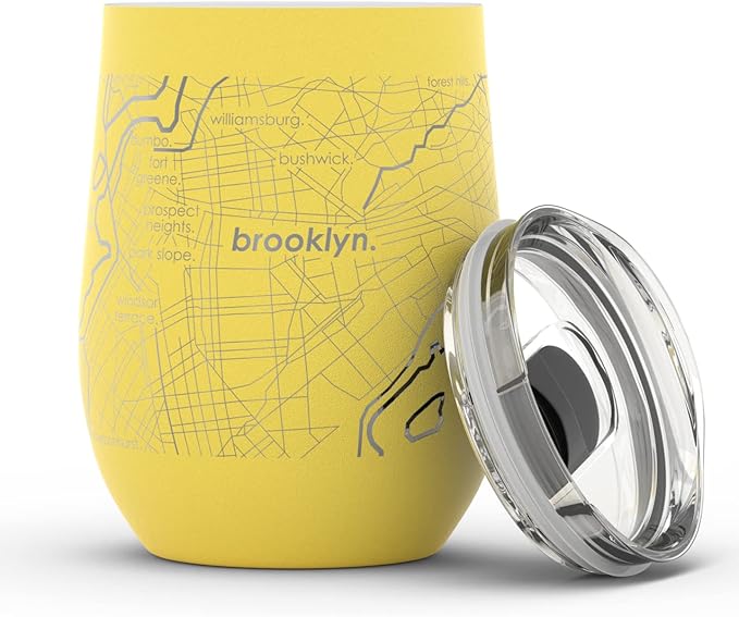 Well Told Engraved Brooklyn New York Map Insulated Wine Tumbler, Etched Stainless Steel Cup (12 oz, Sunrise Yellow) City Map Insulated Tumbler, Custom Insulated Tumbler, Outdoor Drinkware